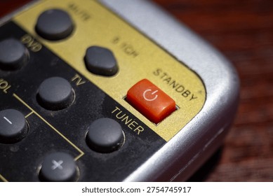 Remote control power button on device detailed view modern technology