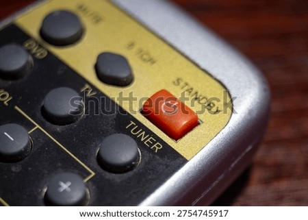 Remote control power button on device detailed view modern technology