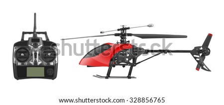 Remote controlled helicopter with controlling handset, isolated on white background