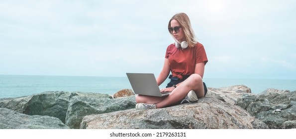 Remote Learning.Back To School.Girl Student Studying Travel,education Elearning,workation, WFVH, Education Remotely,work Travel,Van Life Vibes, Digital Connectivity,work Remotely,traveling Long Banner