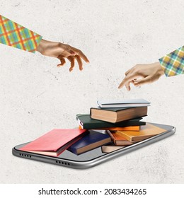 Remote Studying. Contemporary Art Collage Of Books And Notebooks Lying On Phone Screen Isolated Over White Background. Concept Of Online Education, Books, University. Copy Space For Ad