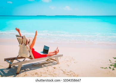 Remote Work Concept -happy Young Woman With Laptop On Beach