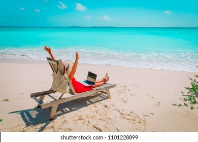 Remote Work Concept -happy Young Woman With Laptop On Beach