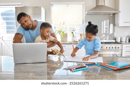 Remote work, father or children with homework in home for freelance worker, phone call or education. Family, kids or man with laptop for writing project, talking to client or study at kitchen counter - Powered by Shutterstock