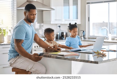 Remote work, father or kids with homework in home for freelance worker, text message or education. Family, children or man with smartphone for mobile chat, email to client or study at kitchen counter - Powered by Shutterstock