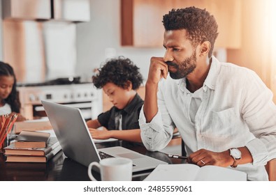 Remote work, father thinking and man on laptop for reading email, solution or problem solving. Freelancer, computer and parent planning in kitchen with kids learning for online project in family home - Powered by Shutterstock