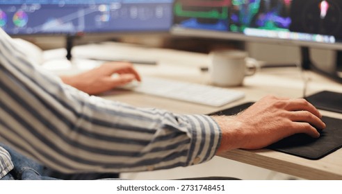 Remote work, hands and man with computer for programming, internet and data analysis. Person, home or employee with pc, email or web development for ux experience, cybersecurity research or code html