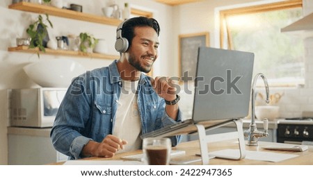 Remote work from home, talking and man with a laptop, video call or social media with online meeting. Male person, entrepreneur or employee with a pc, conversation or webinar with internet connection