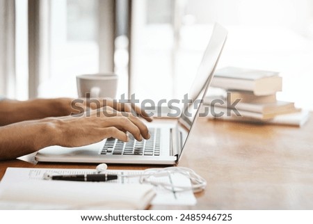 Remote work, laptop and hands typing online report, research and internet for freelance copywriting. Communication, working from home and person on computer for website, writing email or planning