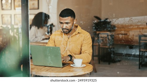 Remote work, laptop and man in cafe, typing and live streaming with internet, research and tea. Person, copywriting and freelancer in coffee shop, computer and espresso with project and connection - Powered by Shutterstock - Get 15% off with code: PIKWIZARD15