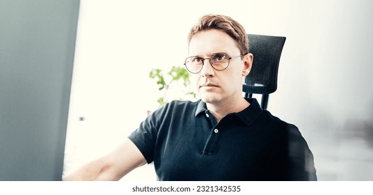 Remote work and modrn conectivity. Virtual meeting with many participents online. Webinar. Businessman talking online with employees via video connection