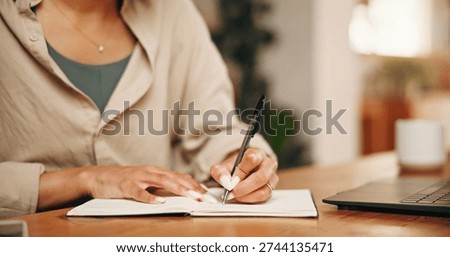Remote work, notebook or hands in house with laptop, draft brainstorming or insight notes for article. WFH, woman or journalist at table with tech, story development or writing ideas for publication