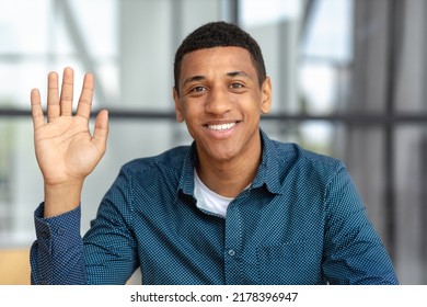 Remote Work, Online Interview, Video Conference Concept. Video Call Screen With Smiling African American Man Introducing Himself. Headshot Of A Positive Male Looking At The Camera And Smiling Friendly