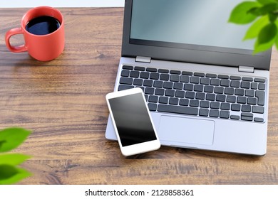 Remote work or online lessons while drinking coffee on your smartphone and computer