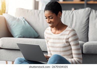 Remote Work. Smiling Black Freelancer Woman Working With Laptop At Home