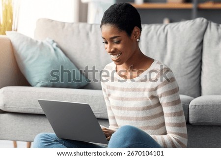 Remote Work. Smiling Black Freelancer Woman Working With Laptop At Home