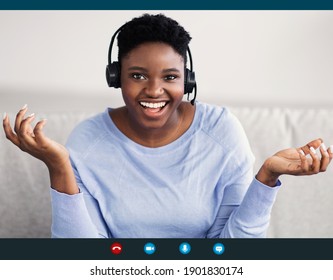 Remote Work And Technology. Black Woman Wearing Headset Having Video Conference, Talking To Camera During Virtual Web Call. Videocall Interface, App Display, Videotelephony And Telecommuting