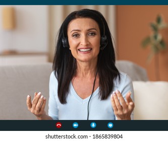 Remote Work And Technology. Mature Woman Wearing Headset Having Video Conference, Talking To Camera During Virtual Web Call. Videocall Interface, App Display, Videotelephony And Telecommuting