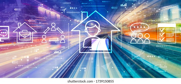 Remote Work theme with abstract high speed technology POV motion blur