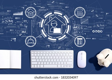Remote Work theme with a computer keyboard and a piggy bank