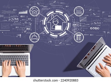 Remote Work theme with people working together with laptop computers