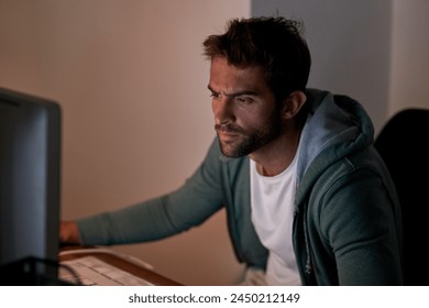 Remote work, worry and man thinking with computer in home office for glitch, 404 or scam alert. Freelance, pc and writer reading, newsletter and fake news research for celebrity, gossip or article
