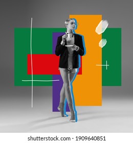 Remote Working Life. Woman In Suit And Home Shorts With Coffee. Modern Design, Contemporary Art Collage. Inspiration, Idea, Trendy Urban Magazine Style. Negative Space To Insert Your Text Or Ad.