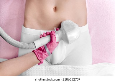 Removal Of Excess Hair In The Bikini Area Of A Man. Laser Hair Removal Procedure In A Beauty Salon. Body Care. White Underpants