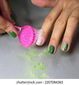 removal of green nail polish from a girl. home manicure. Square image. - Shutterstock ID 2207084383