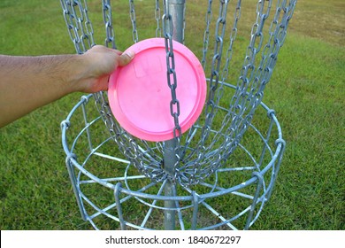 Removal of a pink disc from a disc golf basket