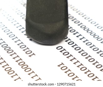 Removing computer data and clearing digital code from a hard drive or memory storage server as a hacking or internet security concept.