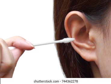  Removing Ear Wax Using A Cotton Bud Isolated On White With Copy Space To Add Text                              