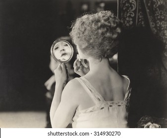 Front and Center ~ Vintage Snapshot ~ Woman and her Reflection in Vanity Mirror ~ Vintage Photo