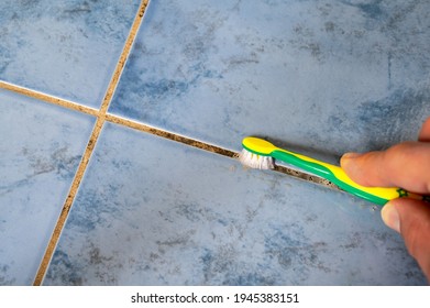 Removing Mold From A Grout In The Bathroom With A Toothbrush