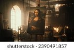 Renaissance Aesthetics: Empty Shot with no People Presenting the Famous Painting of the Mona Lisa Resting on an Easel Stand in an Old Art Workshop. Recreation of Leonardo Da Vinci