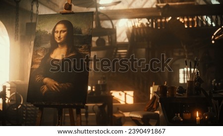 Renaissance Aesthetics: Empty Shot with no People Presenting the Famous Painting of the Mona Lisa Resting on an Easel Stand in an Old Art Workshop. Recreation of Leonardo Da Vinci's Creative Space