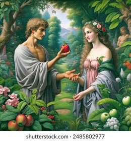 Renaissance image, young Adam and Eve in the Garden of Eden, Eve offering Adam a red delicious apple, Eve's beautiful smile showing her teeth, Eve looking shy, lush foliage bushes and plants, classical Renaissance art style, vibrant colors, natural