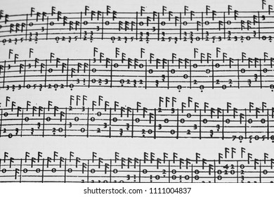 Renaissance lute tablature. A large image of the method of musical notation of the 16th century