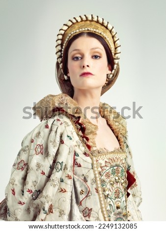 Renaissance, royalty and portrait of Victorian queen for luxury, history or vintage in England. Medieval, fantasy and beauty with face of woman in regal dress costume for leader, fashion and elegant