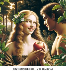 Renaissance style, Adam and Eve in the Garden of Eden, Eve offering Adam a red delicious apple with a bite out of the side, Eve having a beautiful smile showing her teeth, looking a little shy, bare shoulders with plants giving modesty, European couple,