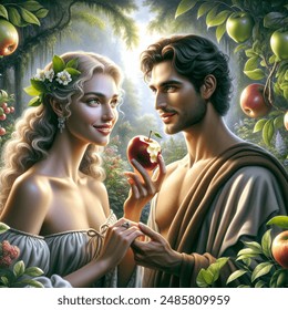 Renaissance style, Adam and Eve in the Garden of Eden, Eve offering Adam a red delicious apple with a bite out of the side, Eve having a beautiful smile and looking a little shy, bare shoulders with plants giving modesty, European couple, Adam with a bare