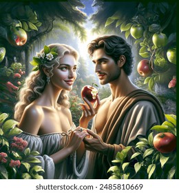 Renaissance style, Adam and Eve in the Garden of Eden, Eve offering Adam a red delicious apple with a bite out of the side, Eve having a beautiful smile and looking a little shy, bare shoulders with plants giving modesty, European couple, Adam with a bare