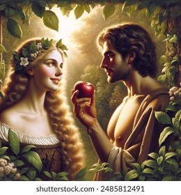 Renaissance style, Adam and Eve in the Garden of Eden, lush garden, soft sunlight, detailed foliage, Eve offering Adam a red delicious apple with a natural-looking bite out of the side, Eve having a beautiful smile and looking a little shy, Eve with long