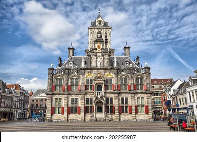 The Renaissance style facade of the Delft city hall building, the Netherlands. 
