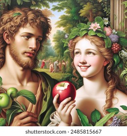 Renaissance-style, Adam and Eve in the Garden of Eden, Eve offering a red delicious apple with a bite taken out of it, Eve has a beautiful smile showing healthy teeth with a shy expression, Adam and Eve have bare shoulders and modesty preserved, Eve's