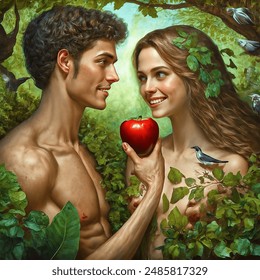 Renaissance-style, Adam and Eve in the Garden of Eden, Eve offering a red delicious apple, Eve has a beautiful smile showing healthy teeth with a shy expression, Adam and Eve have bare shoulders and modesty preserved, detailed foliage and greenery,