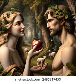 Renaissance-style, Adam and Eve in the Garden of Eden, Eve offering a red delicious apple with a bite taken out of it, Eve has a beautiful smile showing healthy teeth with a shy expression, Adam and Eve have bare shoulders and modesty preserved, detailed