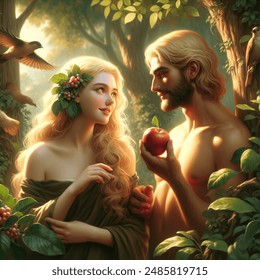 Renaissance-style, Adam and Eve in the Garden of Eden, Eve offering a red delicious apple with a bite taken out of it, Eve has a beautiful smile showing healthy teeth with a shy expression, Adam and Eve have bare shoulders and modesty preserved, detailed