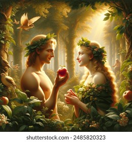 Renaissance-style, Adam and Eve in the Garden of Eden, Eve offering a red delicious apple with a bite taken out of it, Eve has a beautiful smile showing healthy teeth with a shy expression, Adam and Eve have bare shoulders and modesty preserved, detailed