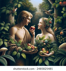 Renaissance-style, Adam and Eve in the Garden of Eden, Eve offering a red delicious apple with a bite taken out of it, Eve has a beautiful smile showing healthy teeth with a shy expression, Adam and Eve have bare shoulders and modesty preserved, detailed